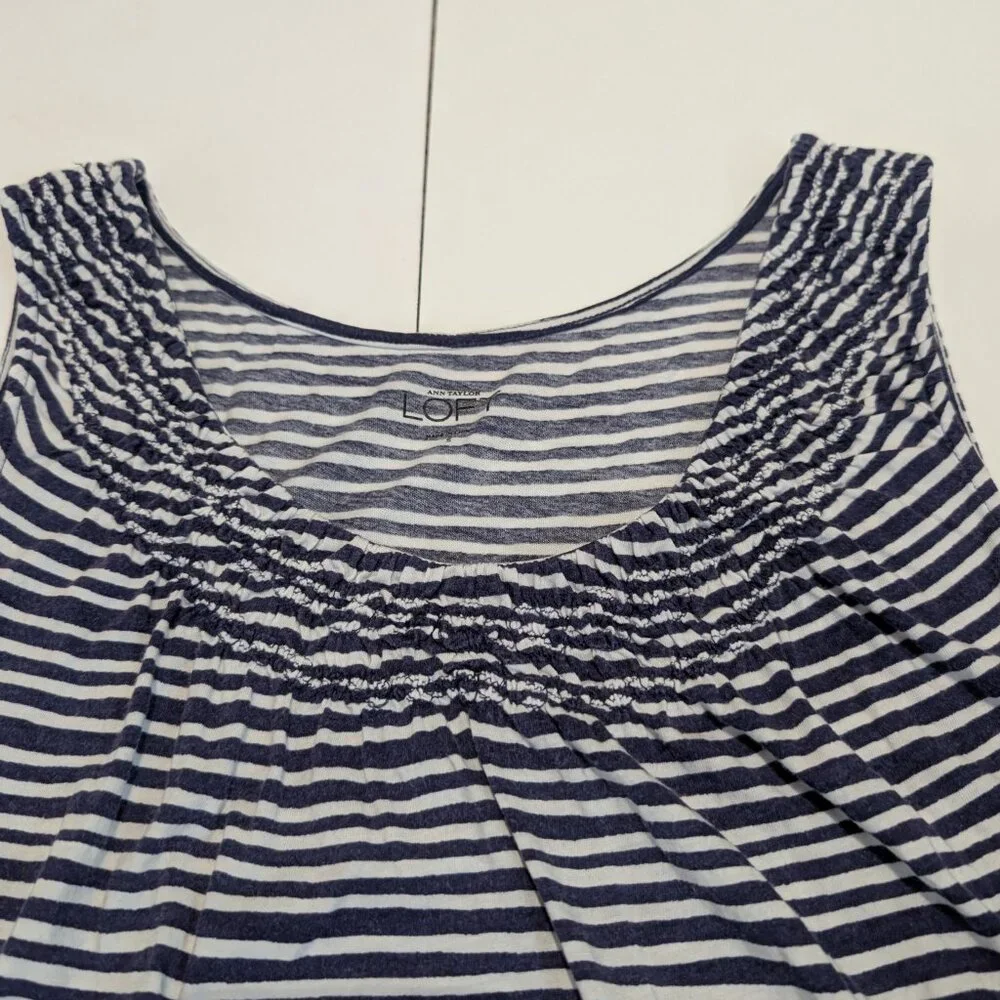 Ann Taylor Loft blue & white stripped sleeveless shirt with smocked neckline, - Picture 3 of 11